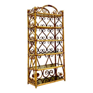 Vintage Boho Bent Rattan Scroll Etagere For Sale