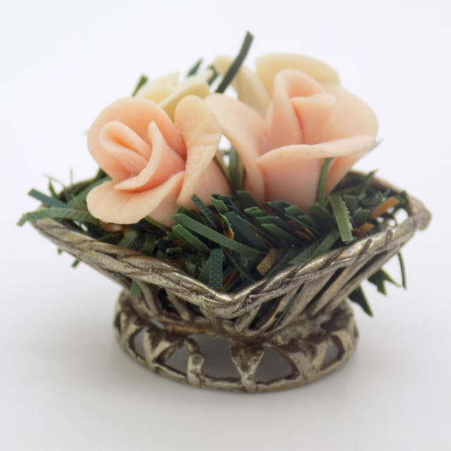 1970s Vintage Italian Handmade Silver & Salt Dough Flower Basket Dollhouse Miniature For Sale - Image 5 of 8