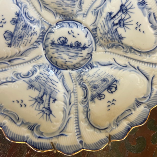 Vintage Weimar German Delft Style Blue and White Porcelain Oyster Plate For Sale - Image 4 of 5