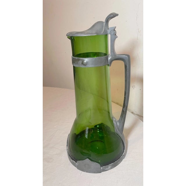 Green Large Antique 1800's German Arts and Crafts Pewter Green Glass Tankard Pitcher For Sale - Image 8 of 14