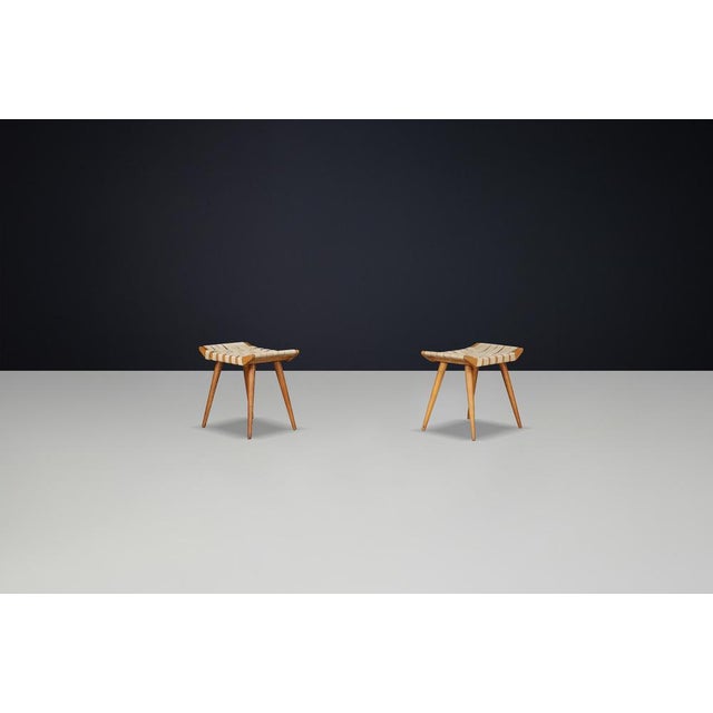 Mid-Century French Ash Stools with Original Canvas Webbing, 1950s, Set of 2 For Sale - Image 4 of 11