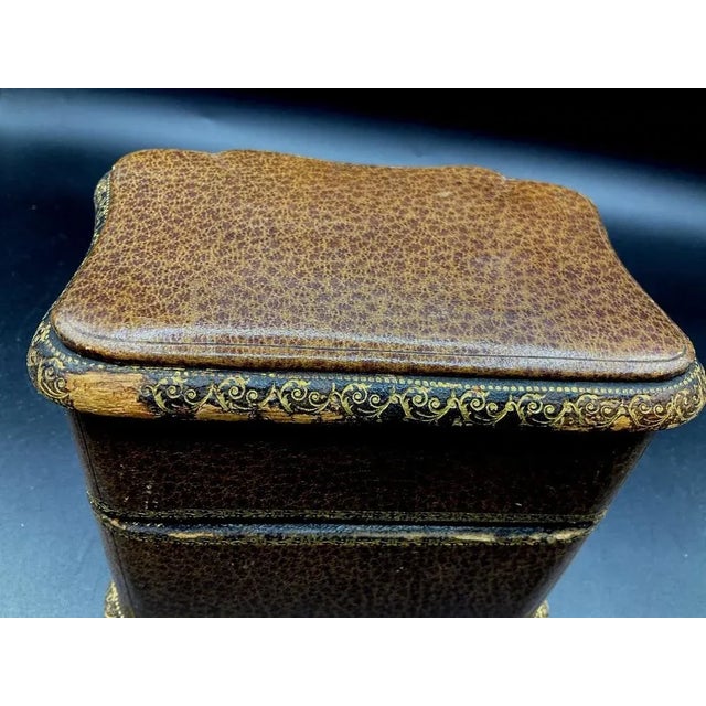 Antique Traveling Perfume Bottle in Leather Bound Ornate Case and Blue Velvet, 1800s For Sale - Image 6 of 12