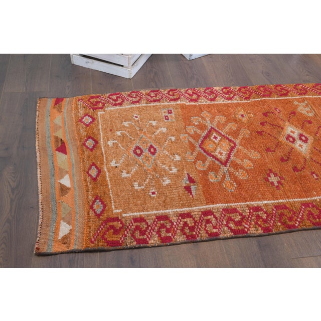 Orange Vintage Turkish Hand-Knotted Wool Cotton Orange Runner Rug For Sale - Image 8 of 9