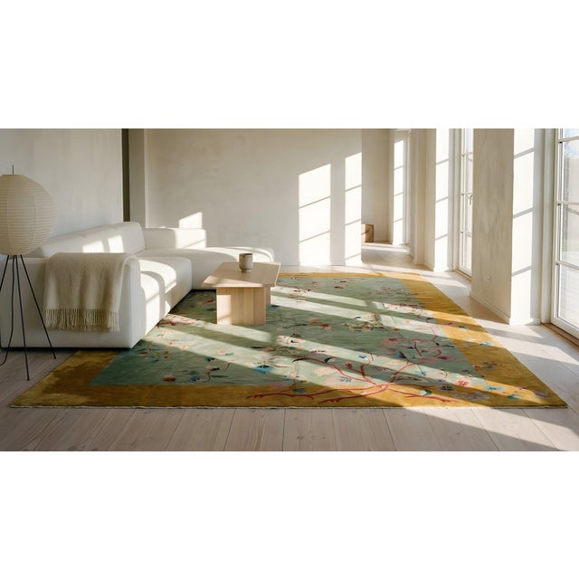 1920s Green Gold Floral Antique Chinese Art Deco Carpet by Nichols Workshop 9' X 11'6" Wool Rug For Sale - Image 14 of 15
