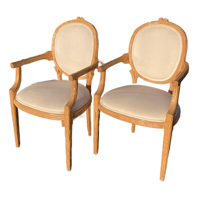 Faux Bois French Style Fauteuils Arm Dining Chairs- A Pair -B For Sale