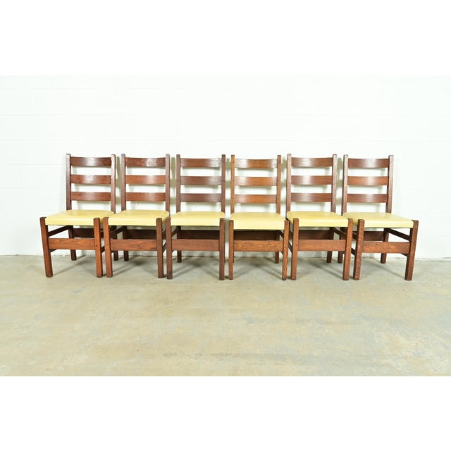Mission Gustav Stickley Antique Mission Oak Arts & Crafts Ladder Back Dining Chairs, Set of Six For Sale - Image 3 of 13