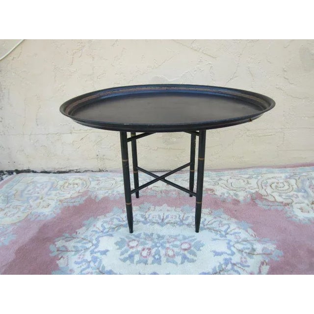 1970s Hollywood Regency Faux Bamboo Black and Gold Side Folding Serving Tray Table For Sale - Image 13 of 13