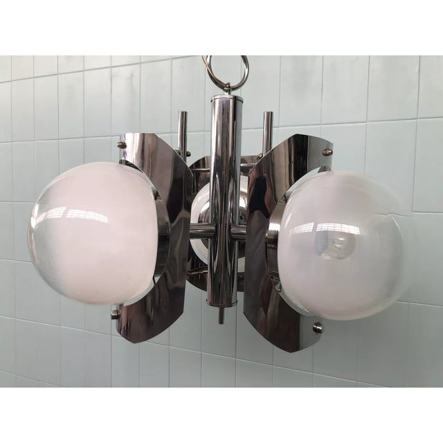 Metal Italian Hanging Light in Chromed Steel and Glass Sphere Lampshades, 1970s For Sale - Image 7 of 10