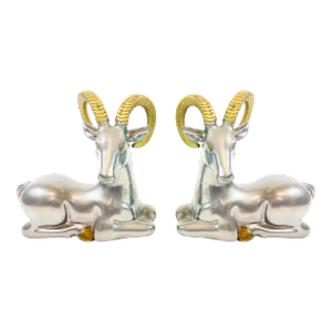 Mid Century Brass & Pewter Bookended Ram Statues, a Pair