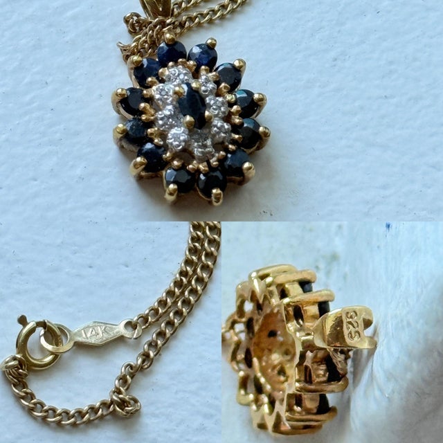 Vintage Victorian Revival Sapphire & Diamond Cluster Pendant Necklace With 14k Gold Chain For Sale - Image 16 of 16
