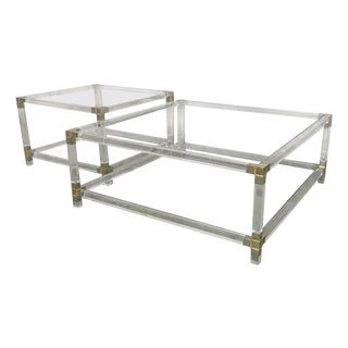 Pair of Late 20th Century Square Lucite Coffee Tables with Chromed Metal Details For Sale