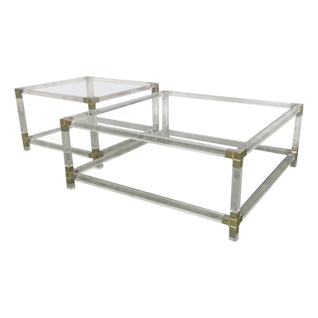 Pair of Late 20th Century Square Lucite Coffee Tables with Chromed Metal Details For Sale