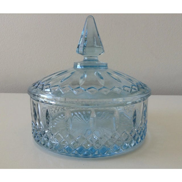 Art Deco Vintage C.1960's Soft Baby Blue Glass Lidded Keepsake With Pointed Finial Top For Sale - Image 3 of 8