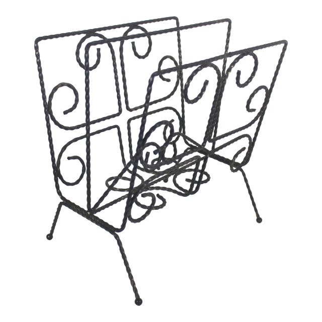 Mid-Century Modern Twisted Black Metal Wire Magazine Rack, Office File Holder, Vintage Record Organizer For Sale