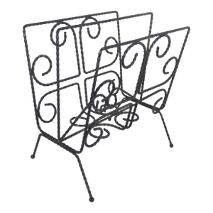 Mid-Century Modern Twisted Black Metal Wire Magazine Rack, Office File Holder, Vintage Record Organizer