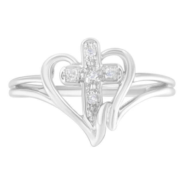 10K White Gold Diamond-Accented Cross & Open Heart Promise Fashion Ring (H-I Color, I1-I2 Clarity) - Size 7-1/2 For Sale