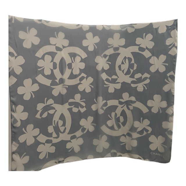 Chanel Large Silk Chiffon Scarf Leafs Clovers For Sale