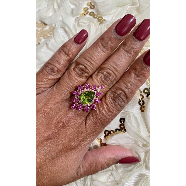 3.51 Carat Natural Peridot Sapphire Diamond Rose Gold Cocktail Ring, Size 7 For Sale In Los Angeles - Image 6 of 6