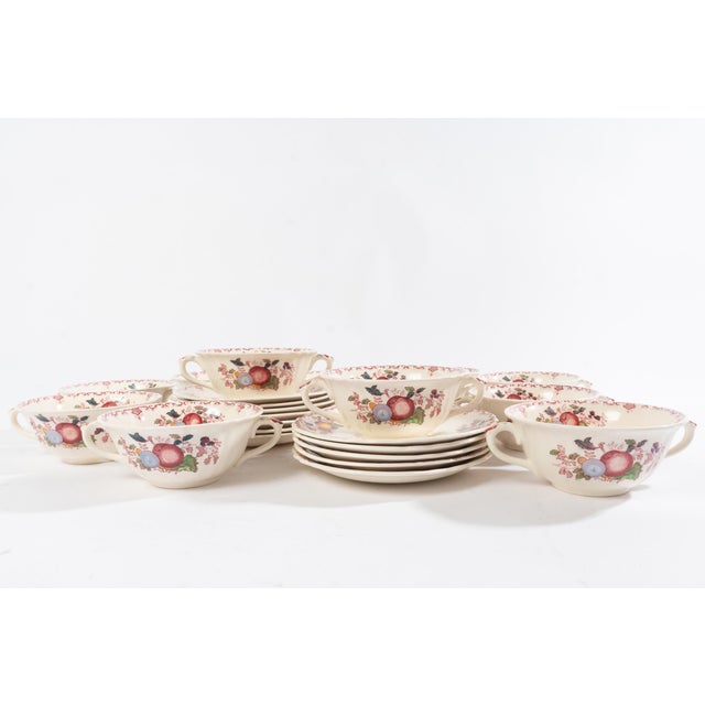 Set of 12 Vintage Mason's Ironstone China Soup Cups and Saucers Fruit