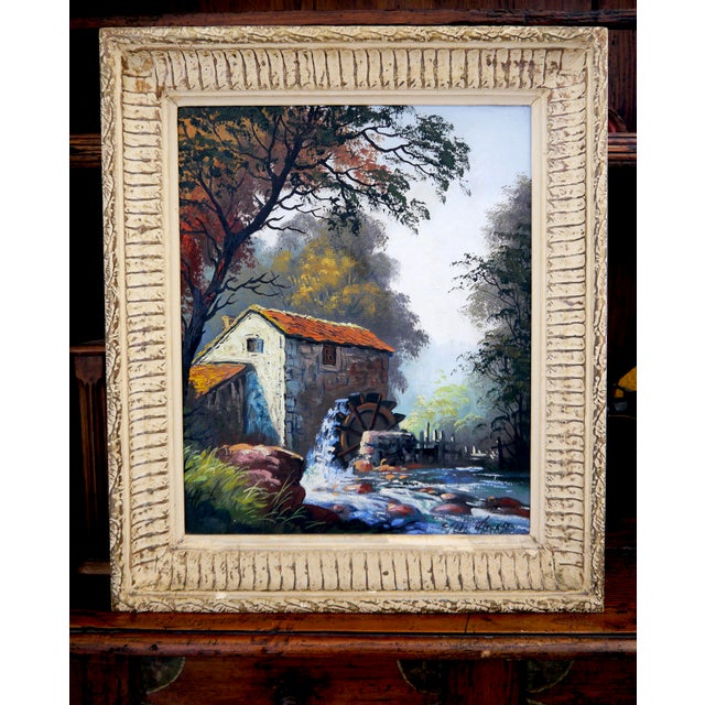 Burnt Orange 1940s J Weakaes French School Luminous Landscape With Water Mill, Oil Painting Signed For Sale - Image 8 of 10