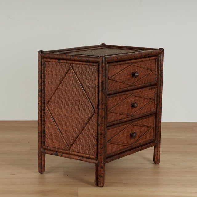 English Pair of Vintage British Colonial Faux Bamboo and Grasscloth Stands For Sale - Image 3 of 18