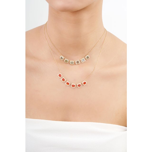 Orange 14k Yellow Gold 2.67ct Emerald-Cut Orange Sapphire Diamond Halo Station Necklace For Sale - Image 8 of 16