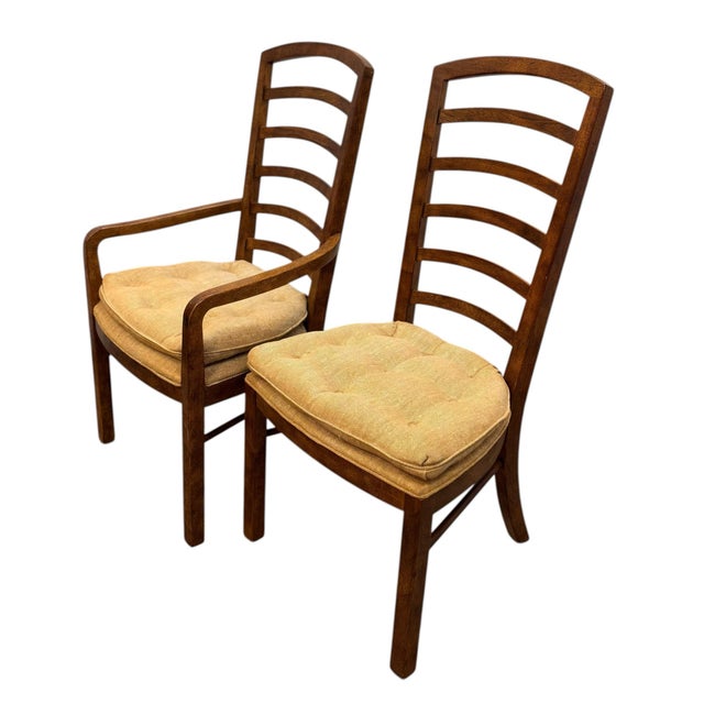 Brown Vintage Drexel Heritage Accolade II Collection Campaign Style Walnut Ladder Back Dining Chairs - Set of 8 For Sale - Image 8 of 12