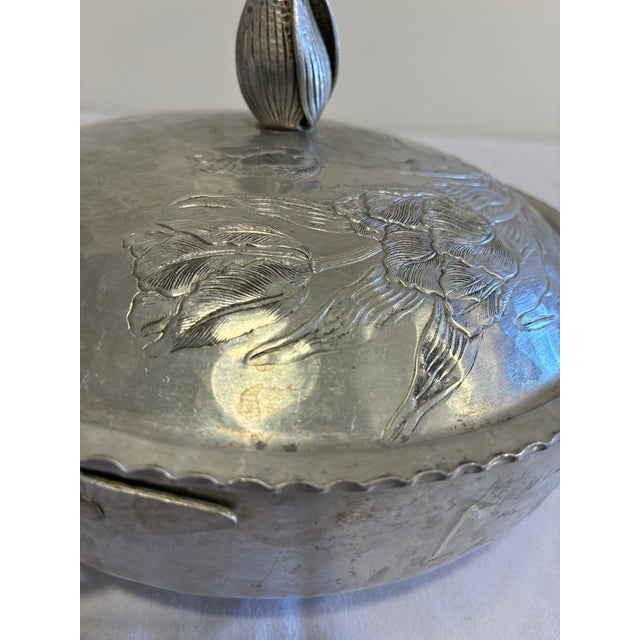 Vintage Hammered Aluminum Lidded Serving Dish With Tulip Finial For Sale - Image 11 of 15
