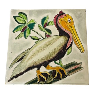 Antique Polychrome Handpainted Pelican Ceramic Tile For Sale