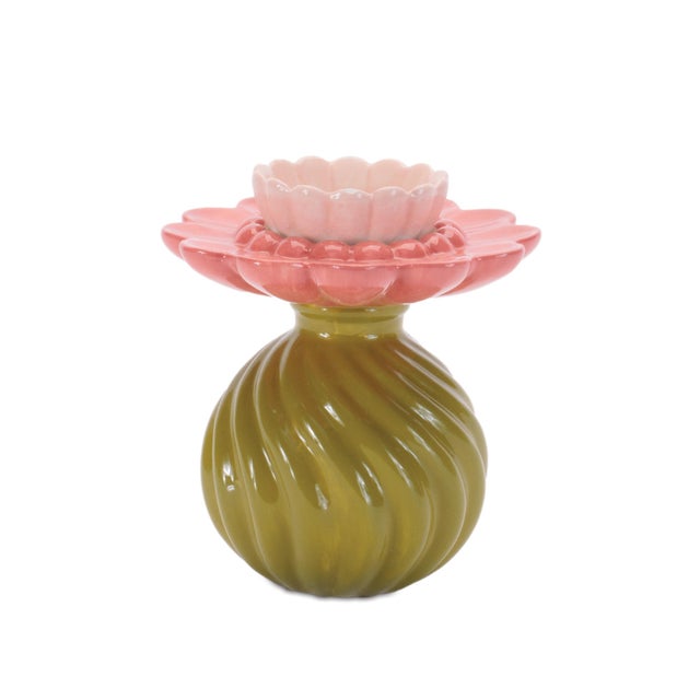 Contemporary Floral Swirl Dolomite Candle Holder Vase (Set of 2) For Sale - Image 3 of 3