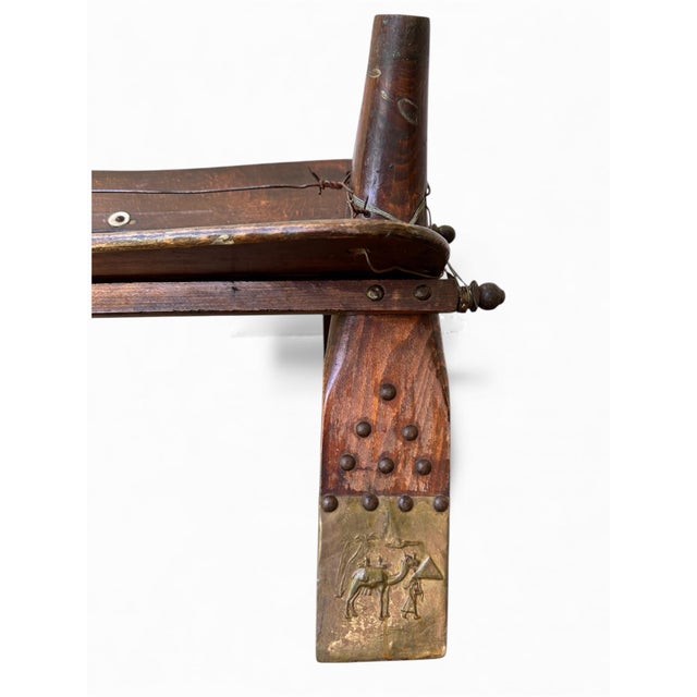 Wood Antique Egyptian Camel Saddle Stool – Handcrafted Wood & Brass, Tribal Decor For Sale - Image 7 of 8