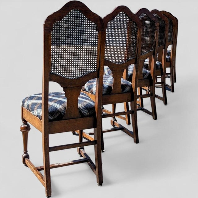 1980s Jacobean Revival Solid Oak Cane-Back Dining Chairs — Set of 6 For Sale In Los Angeles - Image 6 of 8
