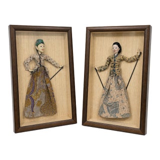 Vintage Indonesian Wayang Golek Puppets in Shadow Box Frames, Pair For Sale