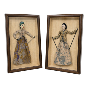 Vintage Indonesian Wayang Golek Puppets in Shadow Box Frames, Pair