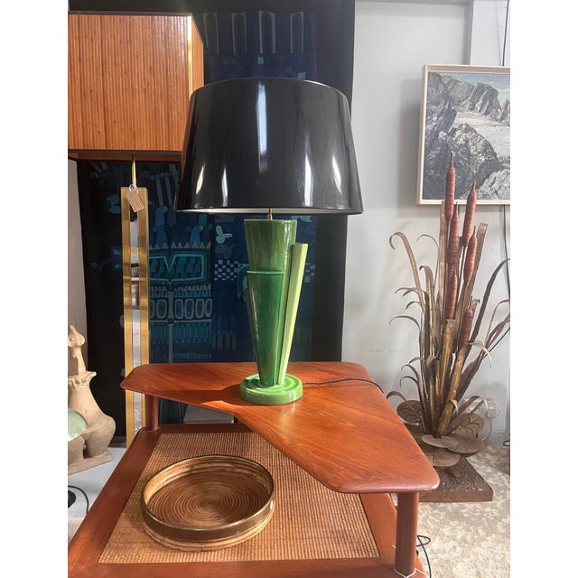 Large Postmodern Green Ceramic Table Lamp attributed to Francois Chatain, 1980s For Sale - Image 9 of 18