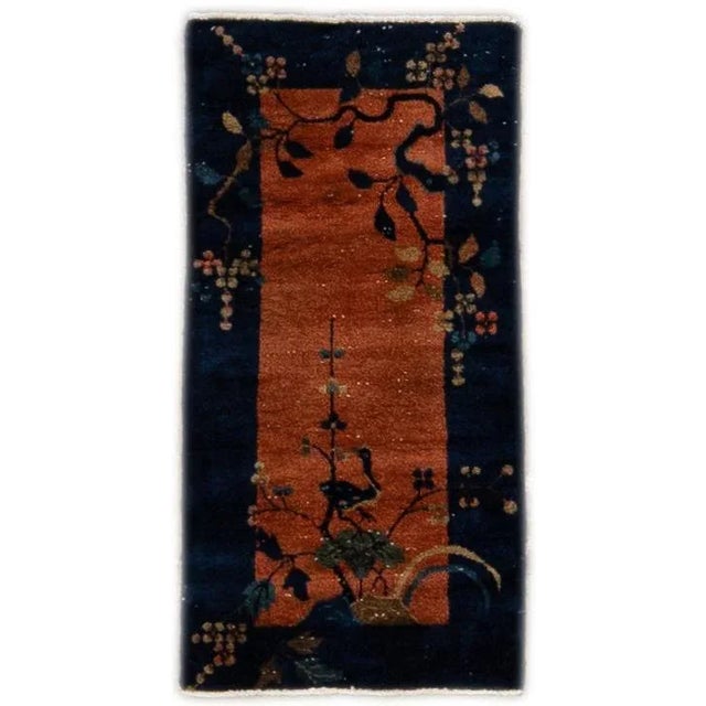 Antique Art Deco Handmade Tan and Blue Floral Scatter Wool Rug For Sale - Image 10 of 10