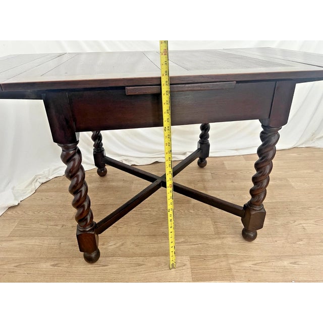 Wood Antique Expanding Pub Kitchen Table Barley Twist Legs Quarter Sawed Dark Oak For Sale - Image 7 of 12