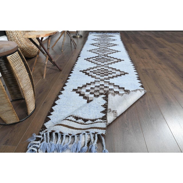 Traditional 1970s Vintage Turkish Oushak Handmade Wool Cotton Blue Runner Rug For Sale - Image 3 of 11