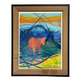 Expressionist Pastel of a Dog Carrying a Burning Stick, Signed Ma For Sale