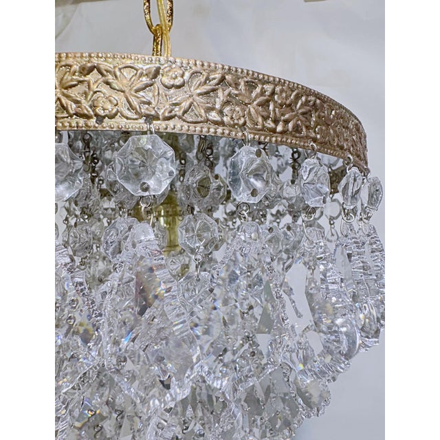 Hollywood Regency Vintage Hollywood Regency Floral Embossed Brass French Crystal Basket Chandelier For Sale - Image 3 of 8