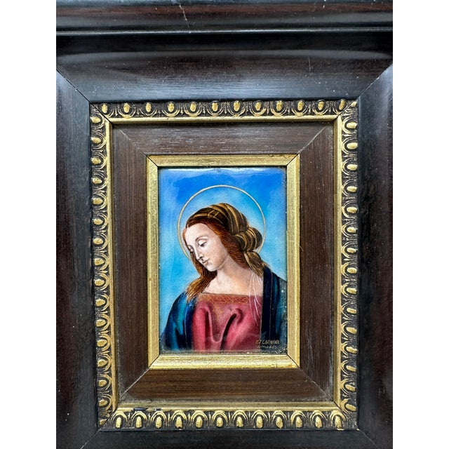 Antique Vintage French Religious Enamel on Copper Virgin Mary Fj Carmona Limoges For Sale - Image 4 of 11