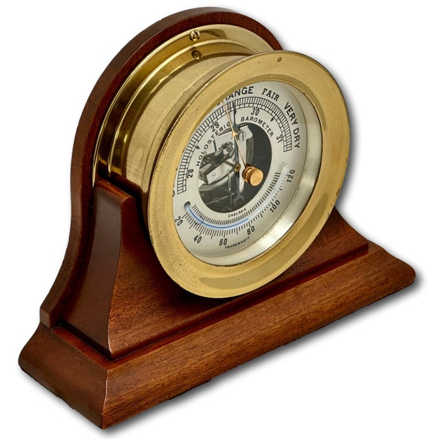 Fine Vintage Mid 20th Century Brass & Mahogany Ships Barometer & Thermometer by Esteemed Boston Maker "Chelsea" For Sale - Image 4 of 18