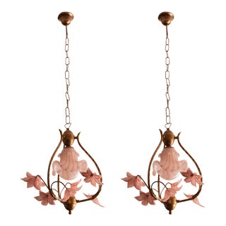 Pair of Murano Chandelier With Pink Flowers, 1980s For Sale