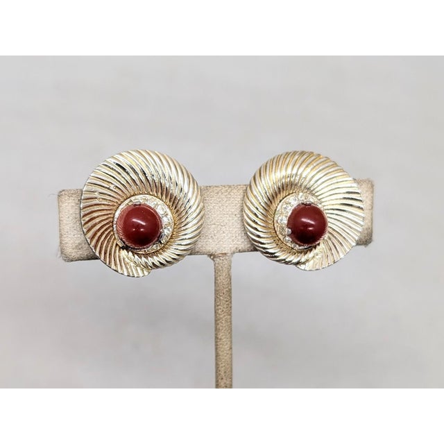 Boucher Vintage 1950s Signed Boucher Round Goldtone Faux-Carnelian Cabochon Clip Earrings-2 Pieces For Sale - Image 4 of 11