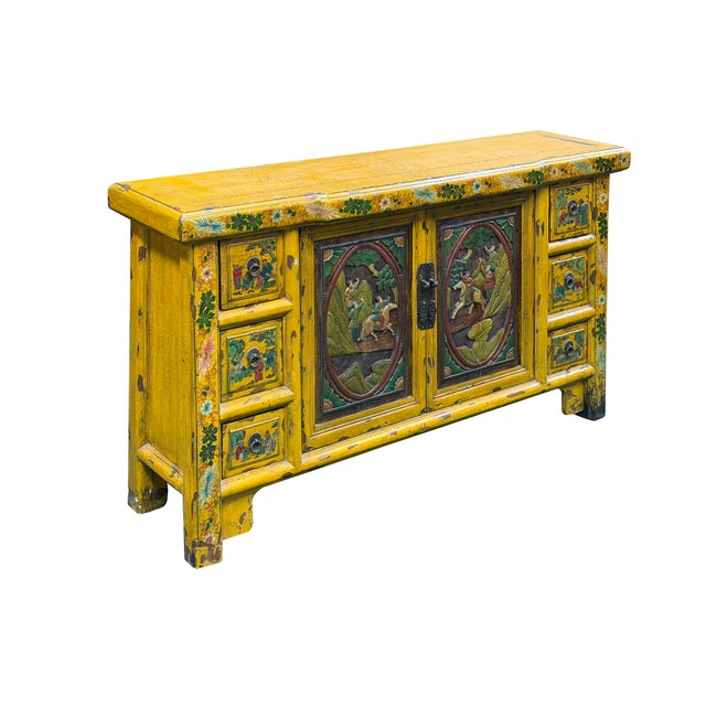 Chinese Vintage Chinese Yellow Lacquered Wood Credenza Sideboard Carved Scenic Panels For Sale - Image 3 of 18