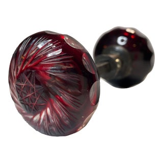 Antique/Vintage Bohemian Czech Purple/Amethyst Cut Glass Swirl Starburst Door Knobs With Hardware Art Deco For Sale
