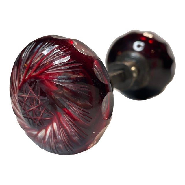 Antique/Vintage Bohemian Czech Purple/Amethyst Cut Glass Swirl Starburst Door Knobs With Hardware Art Deco For Sale