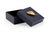 Felt Lined Wooden Box Covered In Navy Faux Leather With A Metallic Gold Leaf Handle. Clean with a dry cloth