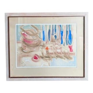 Mid Century Abstract, Surrealist Watercolor Painting - A Kitchen Scene - Signed and Dated 1960 For Sale