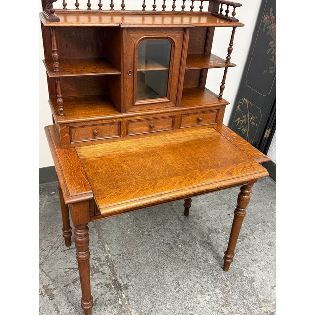 Quarter-Sawn Oak Secretary Desk + Gallery Top, Antique For Sale - Image 12 of 12